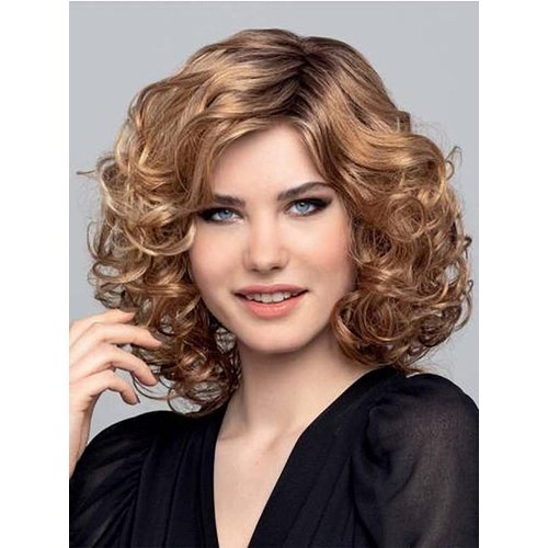 RENERSHOW Blonde Highlight Short Curly Wigs for White Women Ombre Blonde Bob Wavy Wig with Dark Roots Heat Synthetic Chin Length Wavy Easy Style Daily Party Wig