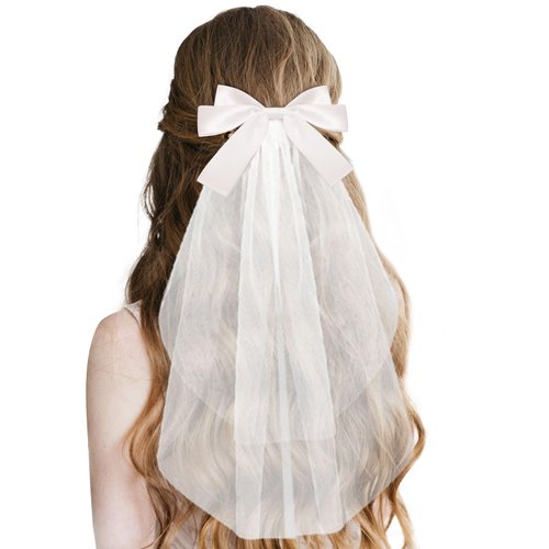 Vovii Bridal Veil for Bachelorette Party Bridal Shower Decorations, White Hair Bow Wedding Bachelorette Veil, Bride To Be Veil with Tulle Bow for Bride Gifts, Bridal Hair Accessories for Wedding