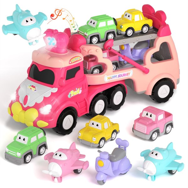 newcrave Toys for 1 2 3 Year Old Girl Truck, 7-in-1 Carrier Truck Cars Toys for Girl, Toddler Girls Toys Age 1-2 2-3, Princess Toy with Light & Sound, Easter Birthday Gifts for 1 2 3 Year Old Girls