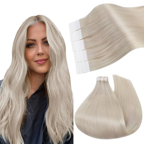Ugeat Tape in Human Hair Extensions Seamless Hair 14 inch Tape in Human Hair Extensions #60A White Blonde Tape in Hair Extensions Real Human Hair 50g/20pieces