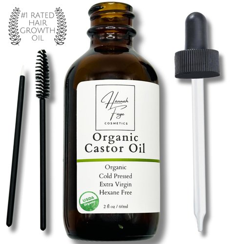 Hannah Faye Cosmetics Premium Castor Oil Glass Bottle USDA Certified Organic, 100% Pure, Cold Pressed, Hexane Free Stimulate Growth for Eyelashes, Eyebrows, Hair. Skin Moisturizer & Hair Treatment