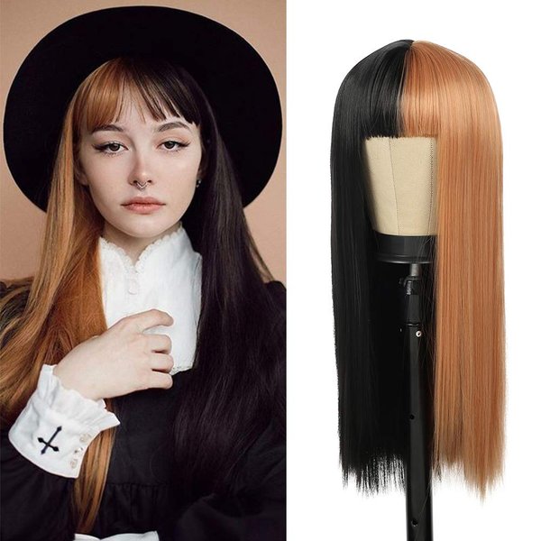 Kaneles Long Half Blonde Half Black Women Wigs With Bangs Straight Cosplay Natural Wig for Women Cosplay Party Costume