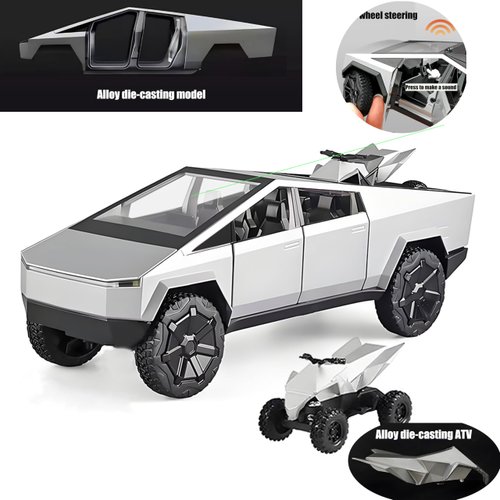 Cybertruck Toy 1/24 Die Casting Cyber Truck with Alloy Motorcycle Diecast Metal Display Model Pickup Truck Toy Race Car with Sound and Light Effct Ideal Gift Age for 6 Year Up (Silver)