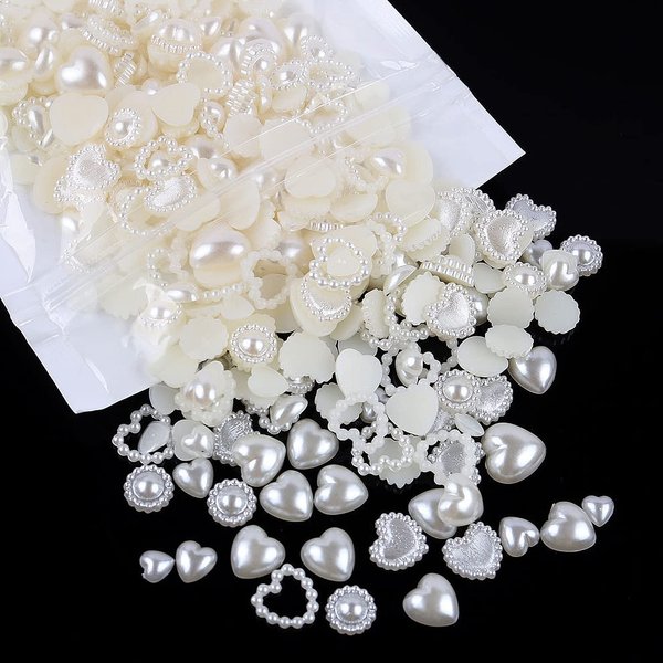 500Pcs Creamy-white Pearls Heart Nail Charms Mixed Styles Flatback Heart Cute Assorted Beads 3D Nail Art Charms Crafts Material Embellishments for DIY Crafts Accessories