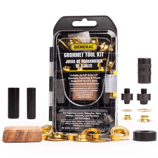 General Tools 3/8"-1/2" Grommet Kit - Rustproof Solid Brass Grommets for Tarp Repair, Reinforcing Canvases, and Fabric Rings