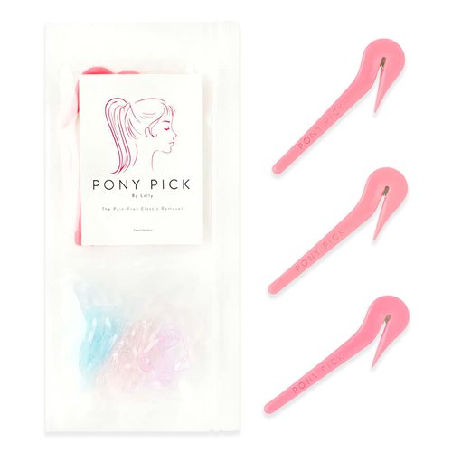 THE PONY PICK Elastic Rubber Bands Cutter for Hair - Elastic Hair Band Remover - Pain Free - Easy Removal - 3 Pack of Pink Pony Picks & 50 Colored Hair Elastics