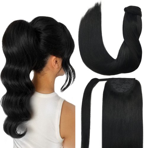 DOORES Ponytail Extension Human Hair clip in hair extensions Jet Black 14 Inch 75g Hair Extensions Clip in Human Hair Straight Wrap Around Ponytail Hair Piece with Magic Paste