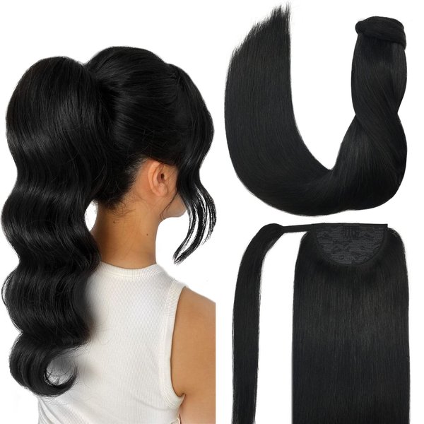 DOORES Ponytail Extension Human Hair clip in hair extensions Jet Black 14 Inch 75g Hair Extensions Clip in Human Hair Straight Wrap Around Ponytail Hair Piece with Magic Paste