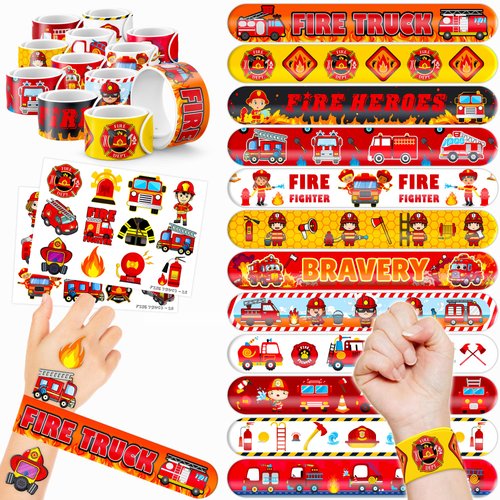 48 Fire Truck 24PCS Fire Truck Temporary Tattoos Sticker 24PCS Slap Bracelets Perfect for Themed Birthday Baby Showers or Classroom Rewards Ideal Decor and Gifts for Girls and Boys