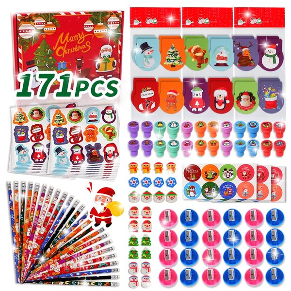 171 Pieces Christmas Stationery Party Favors Bulk Xmas Goodie Bag Stuffers for Kids Stationery Set School Class Reward Prizes Notebooks Pencils Sharpener Erasers Stickers Stamps for Classroom Gift