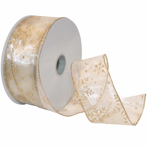 Morex Ribbon 7405.60/50-004 Snowflake 2.5" X 50 YD Nylon Sheer Wired Glitter Ribbon, Ivory/Gold, Ribbon Art Supplies for Christmas Decorations, Indoor Christmas Ribbon for Gift Wrapping Art Set