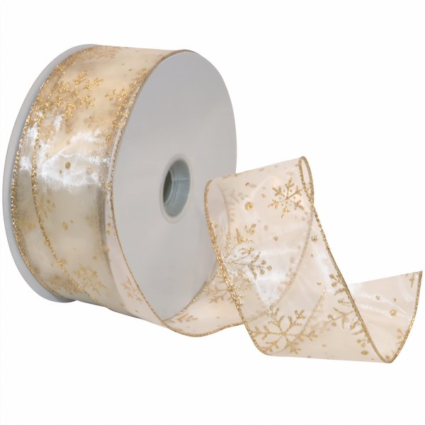 Morex Ribbon 7405.60/50-004 Snowflake 2.5" X 50 YD Nylon Sheer Wired Glitter Ribbon, Ivory/Gold, Ribbon Art Supplies for Christmas Decorations, Indoor Christmas Ribbon for Gift Wrapping Art Set