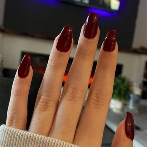 GLAMERMAID Press on Nails Short Coffin, Burgundy Glue on Gel Nails, 24Pcs Glossy Short Square Reusable UV Finish Fake Nails Acrylic False Nails Manicure Kits for Women Gift