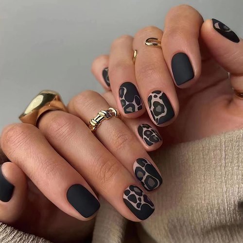 Press on Nails Short with Leopard Designs, 24Pcs Full Cover Reusable False Nails with Glue, Artificial Square Fingernails Acrylic Fake Nails for Women, Girls Stick on Nails with Charm Decorations