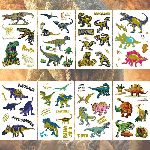 Ooopsiun Glitter Dinosaur Temporary Tattoos for Kids - 70 Gold Glitter Styles, Dinosaur Birthday Party Decorations Supplies Favors for Boys Kids