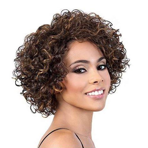 UDU Short Curly Human Hair Wigs For Black Women Glueless Wigs Human Hair Short Curly Wigs with Bangs Highlighted Brown Mixed Color Non Lace Glueless Wigs Piano Colored Wigs Side Part Wigs (P 4/30)