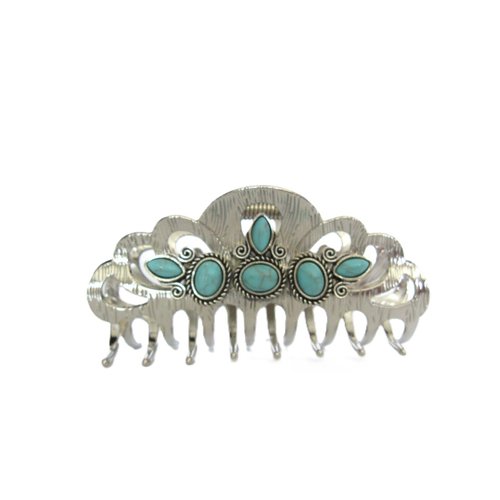 Hair claw clip turquoise blue stone textured silver metal western for thin hair
