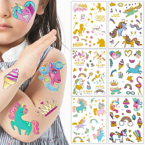 Unicorn Party Supplies Temporary Tattoos - Glitter Unicorn Birthday Party Favors, Cute animated unicorn + Halloween Easter Makeup (6 Sheet)