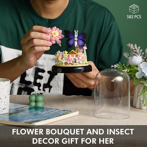 Aigidusansu Flower Bouquet and Insect Building Kit, Flowers Botanical Mini Building Blocks Set Toy for Adults, Christmas Birthday Gift for Her Mom Wife Girlfriend