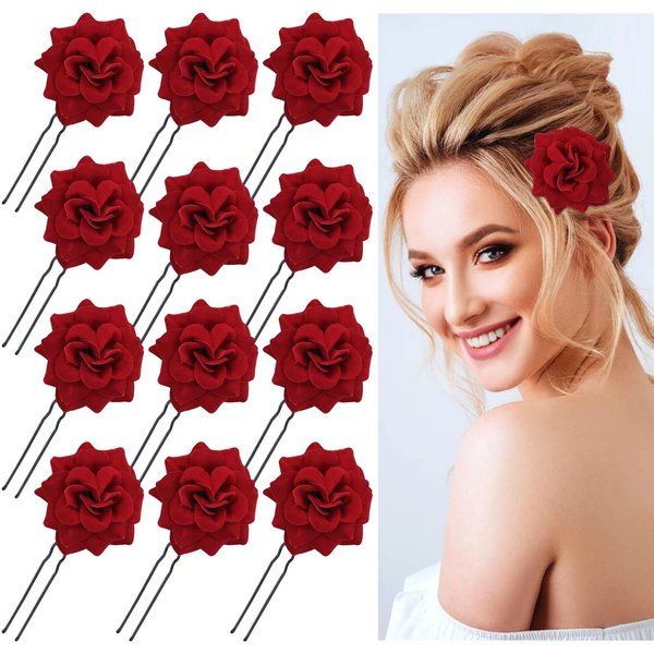 inSowni 12 Pack U-shaped Wedding Bridal Red Rose Flower Hair Pins Clips Formal Prom Party Bobby Pins Headpieces Hair Accessories for Women Girls Brides Bridesmaids