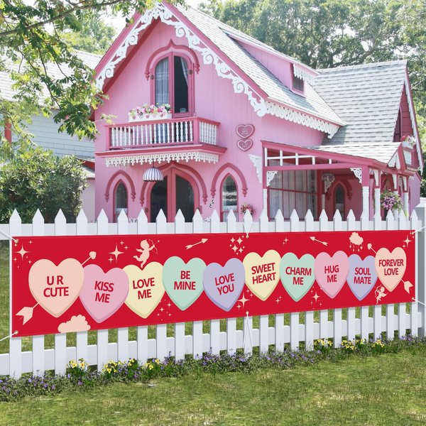 Probsin Valentines Day Banner 120" x 20" Decorations Holiday Yard Sign Party Supplies Red Love Heart Cupid Romantic Funny Images Photo Backdrop Poster Hanging Outdoor Gate Decor Fence Door Indoor Wall