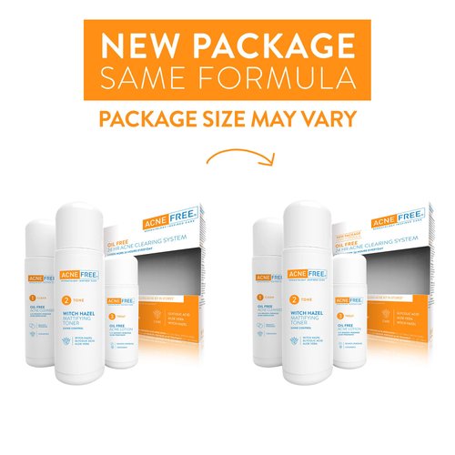 Acne Free 3 Step 24 Hour Acne Treatment Kit - Clearing System W Oil Free Acne Cleanser, Witch Hazel Toner, & Oil Free Acne Lotion - Acne Solution W/ Benzoyl Peroxide for Teens and Adults - Original