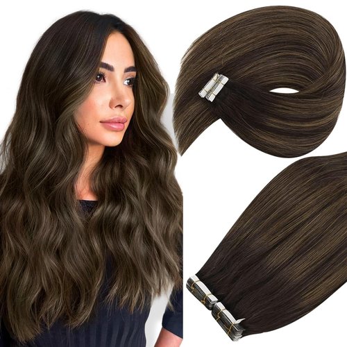 Ve Sunny Tape in Hair Extensions Human Hair Brown Tape in Human Hair Extensions Dark Brown Mix Medium Brown Balayage Hair Extensions Tape in Real Human Hair Brown Hair Extensions Long 20pcs 50g 24”