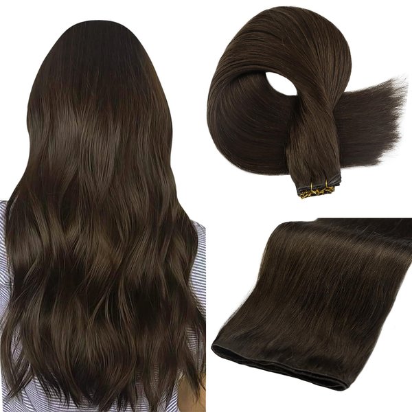 Full Shine Sew in Hand Tied Weft Hair Extensions Sew in Hair Extensions Remy Human Hair Dark Brown Hair Weft Extensions Remy Human Hair Full Head 60 Gram 24 Inch