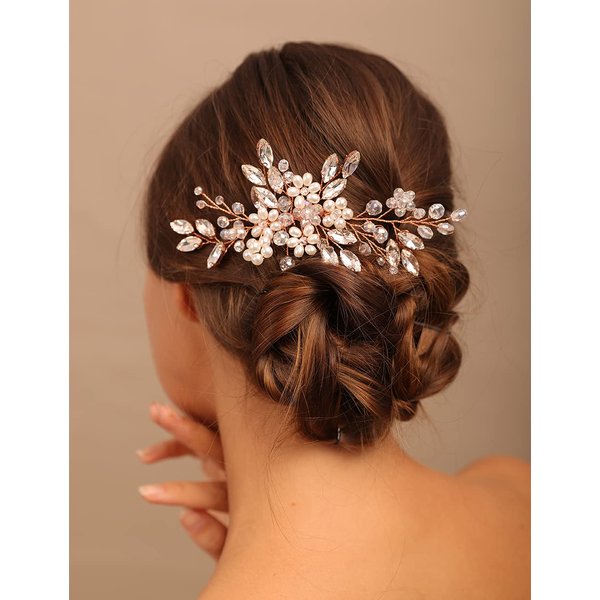 YERTTER Brides Pearl Hair Comb Wedding Crystal Beads Side Combs Crystal Rhinestones Bridal Clips Combs for Women Wedding Party Prom Accessories Gift for Brides Bridesmaids (Rose Gold)