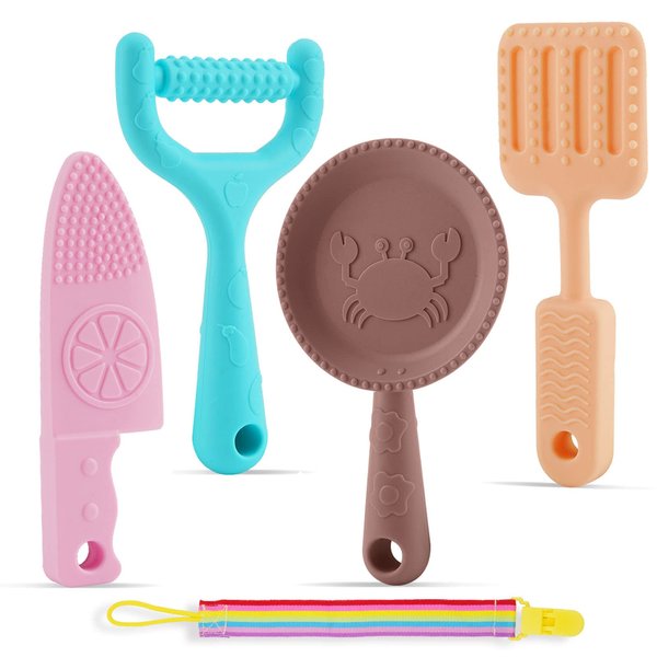 Sactulaz 0-BPA Silicone Culinary Kitchen Utensil Baby Teething Toys,Chef Cooking Role Playing Games Training for Baby Girls Boys,Molar Chewing Freezer teether Toys for 6-12 Months Infants,Kids,4 Pack
