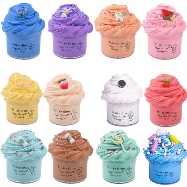 Keemanman 12 Pack Butter Slime Kit with Blue, Elephant, Unicorn, Watermelon, Lemon, Peach, O-REO, Cherry, Latte, Coffe and Candy Charms, Scented DIY Slime, Stress Relief Toy for Girls and Boys