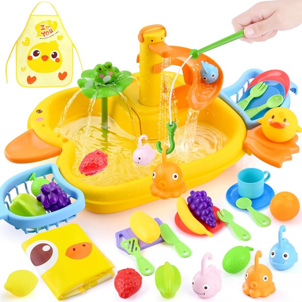 Play Sink with Running Water - Kitchen Kids Sink Toys with Fishing Game Toys for Floating Pool Water Play, Upgraded Electric Faucet & Water Slide Pretend Play Toys Kids Role Play Dishwasher Toy