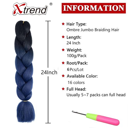 Xtrend 6Pcs 24 Inch Ombre Jumbo Braiding Hair 2 Tone Afro Braiding Hair Extensions 24 Inch Synthetic Hair for Braiding 100g/pc (5 Pieces, Black/Dark Blue#)