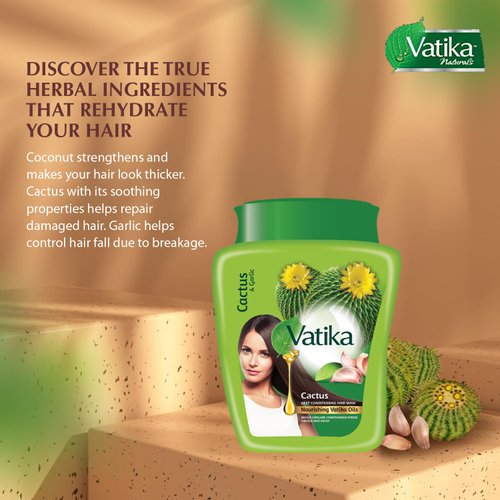 Dabur Vatika Naturals Hair Mask - Intensive Moisturizing Solution with Natural Ingredients - Revitalize and Nourish Your Mane - Rejuvenating Formula for Strong, Silky, and Smooth Hair - Cactus (500g)