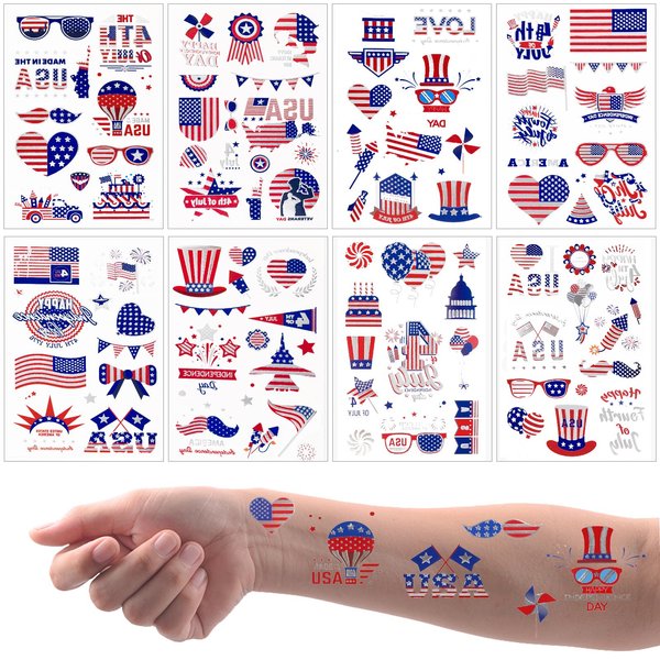 HOWAF 100+ Pcs 4th of July Temporary Tattoos – American Flag Red White and Blue Party Supplies Fourth of July Decorations Silver Glitter Tattoos, American USA Stars and Stripes Waterproof Body Art Stickers