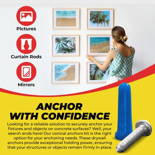 QUALIHOME Conical Concrete Anchors and Screws Kit, Plastic Conical Wall Anchors for Lightweight Fixtures in Concrete, Block, Brick, and More, 100 Pack of Concrete Anchors, Screws & 1 x 1/4" Drill Bit