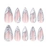LPOODDNU Almond Press on Nails Medium Length Fake Nails Silver 3D Effect Full Cover Stick on Nails Glossy False Nails Cute Medium Almond French Nails Press ons for Women Girls 24 Pcs