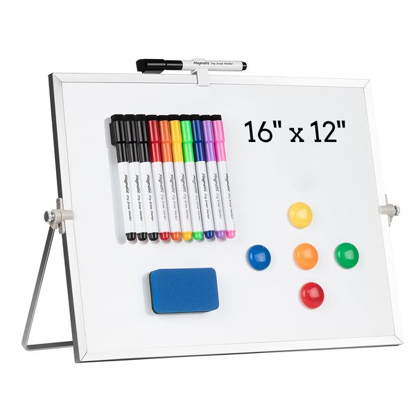 Dry Erase White Board, Cazeyoo Magnetic Desktop Whiteboard 16 x 12inch with Stand, 10 Markers, 4 Magnets and 1 Eraser, Portable Double-Sided White Board for Kids Drawing, Office, Home, School