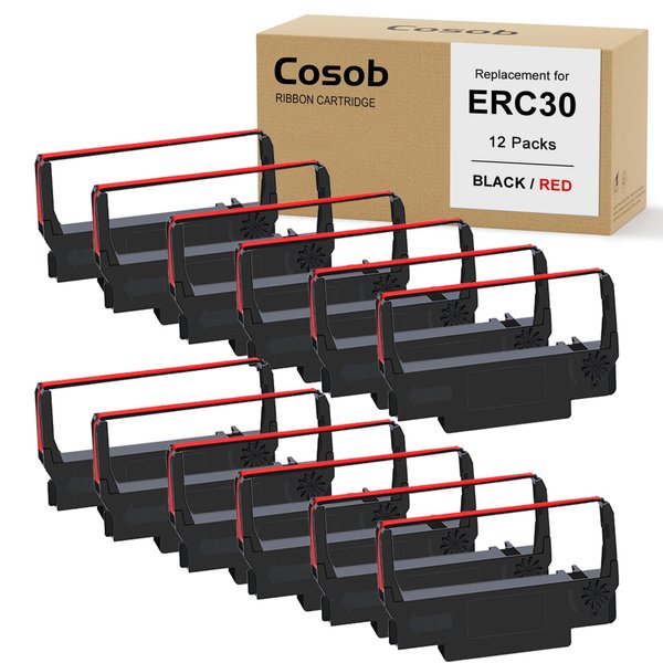 Cosob 12 Pack ERC30 ERC30 Black and Red ERC-30 ERC30/34/38 Ribbon Compatible with Epson TM-U220 M188B ERC30 ERC34 ERC38 NK506 Printer