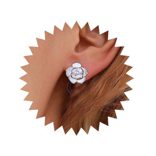 Sttiafay Vintage Pearl Flower Earrings Camellia Flower Stud Earrings Enamel White Flower Petal Earrings Gold Pearl Stud Earrings Jewelry for Women and Girls