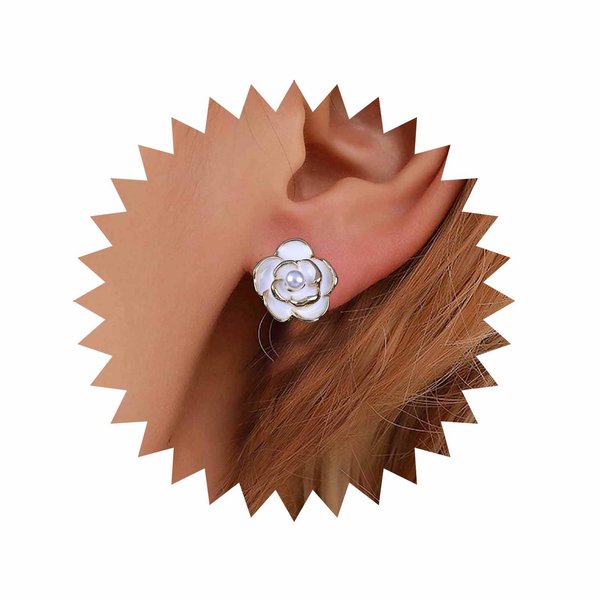 Sttiafay Vintage Pearl Flower Earrings Camellia Flower Stud Earrings Enamel White Flower Petal Earrings Gold Pearl Stud Earrings Jewelry for Women and Girls