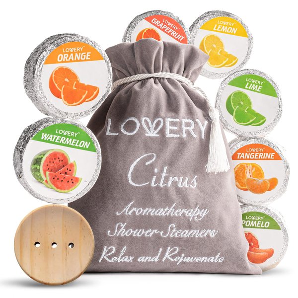 Valentine Essential Oil Shower Steamer Set, Vaporizing Shower Tablets with Holder, 7 Shower Bombs in Citrus Flavors, Aromatherapy Shower Steamers, Vapor Steam for Daily Use, Relaxation Gifts for Women