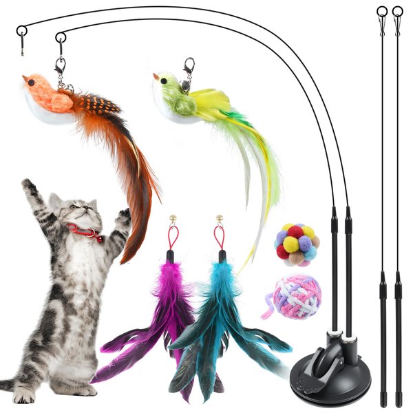 ROSAUI Cat Feather Toys with 1 Suction Cup and 4 Wands, 3 in 1 Cat Toys for Bored Cats, Interactive Cat Toy for Indoor Cats, Kitten Toy with Balls and Birds