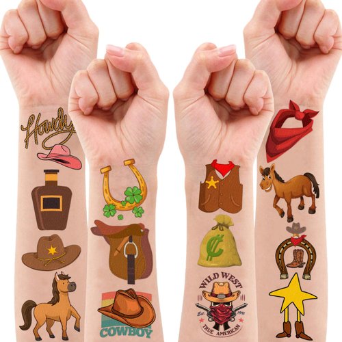 Cowboy First Temporary Tattoos 8 Sheets 78 PCS Western Party Decorations Supplies Favors Horse Rodeo Theme Birthday Cute Stickers Christmas Gifts for Boys Girls Kids Class School Prizes Carnival