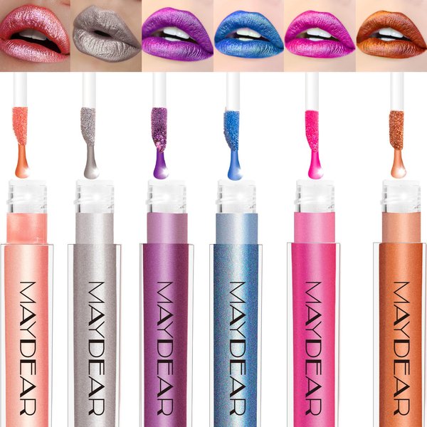 Maydear Metallic Liquid Lipstick, 6 Colors Shimmer Lip Gloss Set for Women, Long-Wear, Diamond Glitter Finish, Pearl Glam Lip Stain Makeup for Dress-Up, Cosplay, Halloween