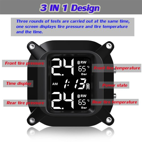 EOHMAK Motorcycle TPMS Wireless Tire Pressure Monitoring System with 2 External Sensors LCD Display Motorbike Tyre Temperature Alarm for Two-Wheeled Motorcycle Wireless TPMS