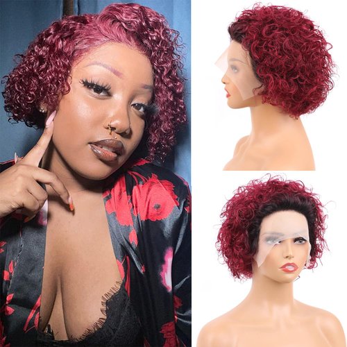 DaiMer Burgundy Pixie Cut Wig Human Hair Wine Red Lace Front Short Curly Wig Human Hair Wigs for Black Women 6 inch Short Curly Glueless Bob Wigs Human Hair Pre Plucked with Baby Hair