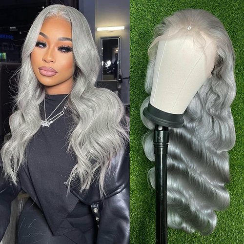 FINMOO Grey Lace Front Wigs Human Hair Pre Plucked 180 Density Body Wave Grey Human Hair 13x4 HD Transparent Lace Frontal Wig Glueless Silver Lace Front Wigs for Black&White Women 20 Inch