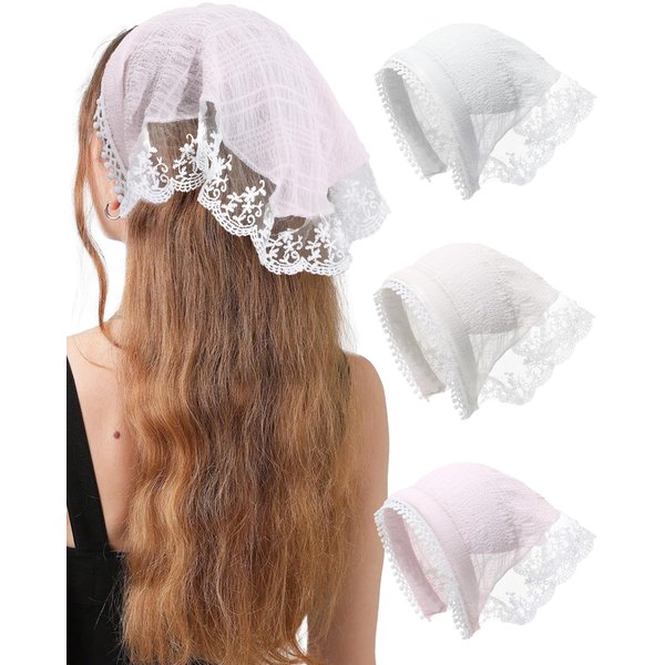 HAIMEIKANG Hair Scarf Bandana Handband for Women - 3Pcs Chiffon Head Scarf for Women's Hair, Non Slip Lace Triangle Kerchief Women’s Hair Bands (Solid Color)