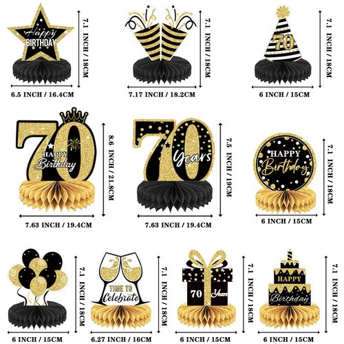 10PCS Black Gold 70th birthday decorations for Men and Women，70 birthday Decorations Honeycomb table centerpieces，Happy 70th Birthday Centerpieces Tables Toppers，70th Birthday Table Sign Decor